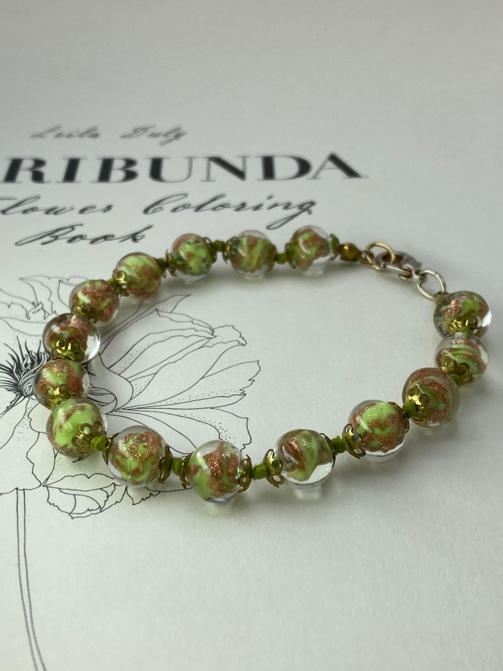 Vintage Venetian Gold Foil Glass Bead Bracelet Lime Green Murano Style Art Glass